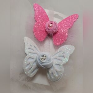 2 Hair Bow Clip Butterfly Sparkle Toddler Girls Birthday Festival Pink  White